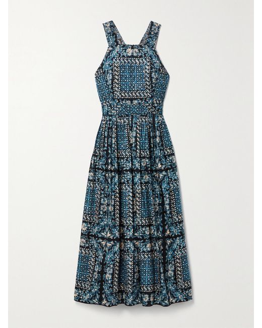 Ulla Johnson Blue Kerani Open-Back Printed Cotton-Poplin Midi Dress