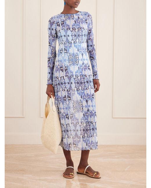 LaDoubleJ Blue Slinky Swing Printed Chiffon Midi Dress