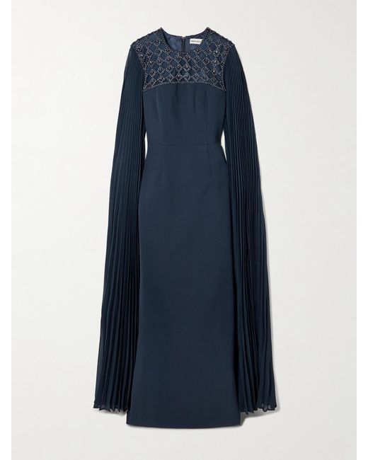 Rebecca Vallance Blue Memphis Cape-Effect Embellished Pleated Crepe Gown