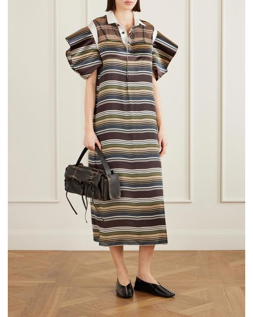 Sacai Gray Striped Organza And Satin Midi Dress