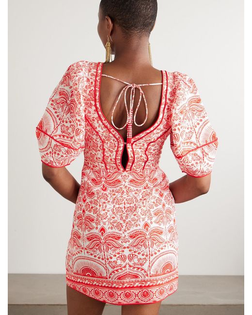 Farm Rio Red River Ride Cutout Floral-Print Linen-Blend Mini Dress