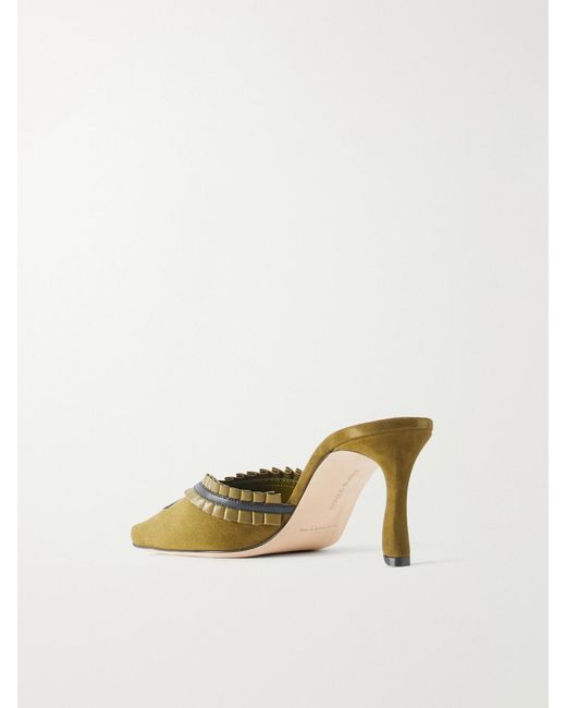 Manolo Blahnik Natural Voluptia 70 Embellished Suede Mules