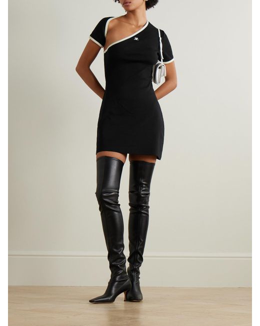Courreges Black Slash Zweifarbiges, Asymmetrisches Minikleid Aus Baumwoll-Jersey Mit Applikation