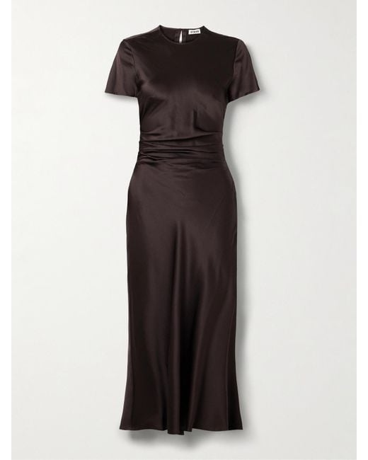 Staud Black Marcel Ruched Stretch-Silk Charmeuse Midi Dress