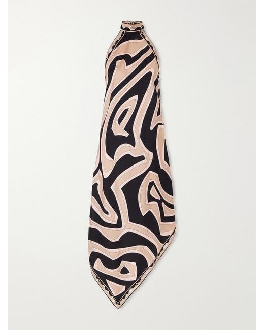 Emilio Pucci White Asymmetric Printed Silk-Twill Halterneck Dress