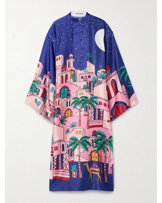 Christiano Marchelli Blue Fiorenza Printed Silk-Blend Satin Kaftan