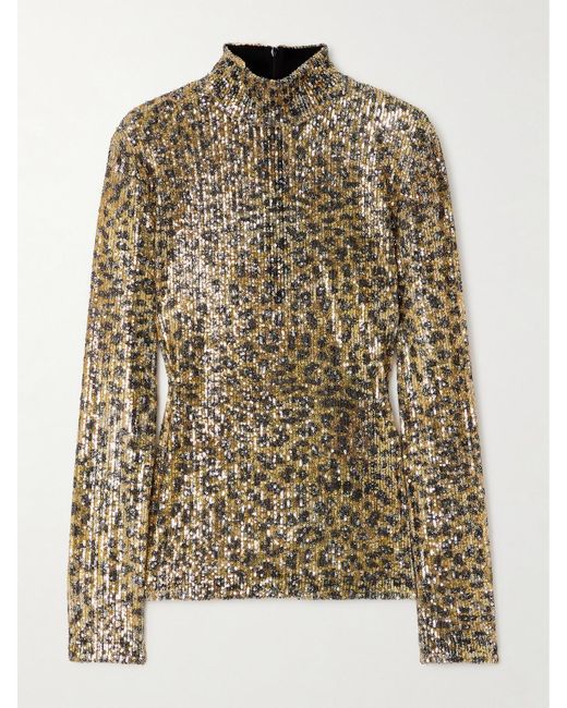 AZ FACTORY Multicolor Romy Sequin-Embellished Leopard-Print Mesh Turleneck Top