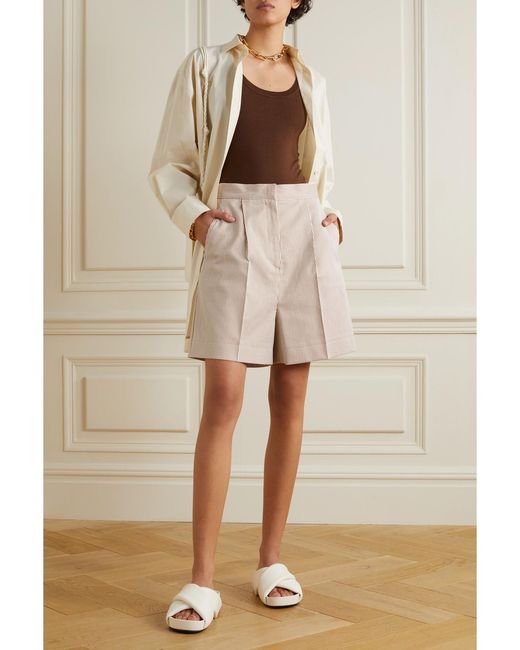 Max Mara Natural Zampino Pleated Striped Cotton And Silk-Blend Shorts