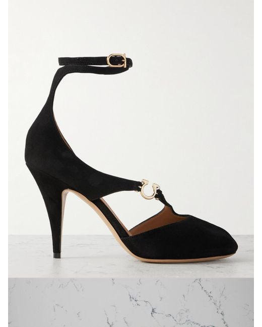 Ferragamo Black Molly Embellished Suede Pumps