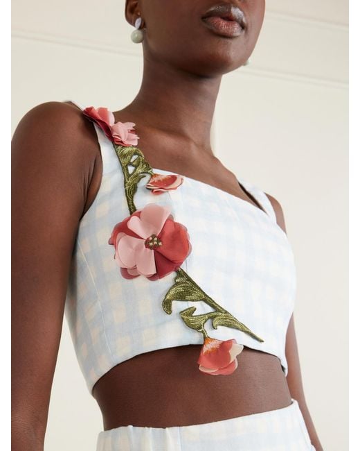 Agua Bendita White Amanda Cropped Floral-Appliqué Linen Top