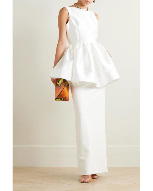 Solace London White Alda Satin-Twill And Crepe Peplum Gown