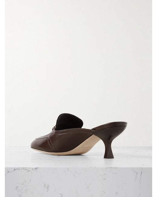 Ferragamo Brown Elodye Embellished Smooth And Croc-Effect Leather Mules