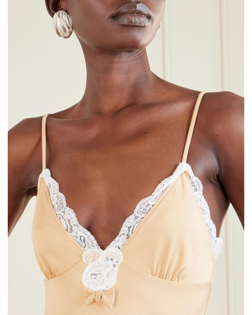 Chloé Natural Bow-Detailed Lace-Trimmed Stretch-Jersey Bodysuit