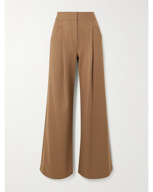 Veronica Beard Natural Rimini Pleated Pinstriped Woven Wide-Leg Pants