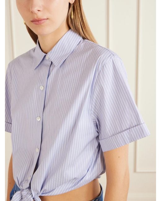 Theory Blue Knotted Cropped Striped Cotton-Blend Poplin Shirt