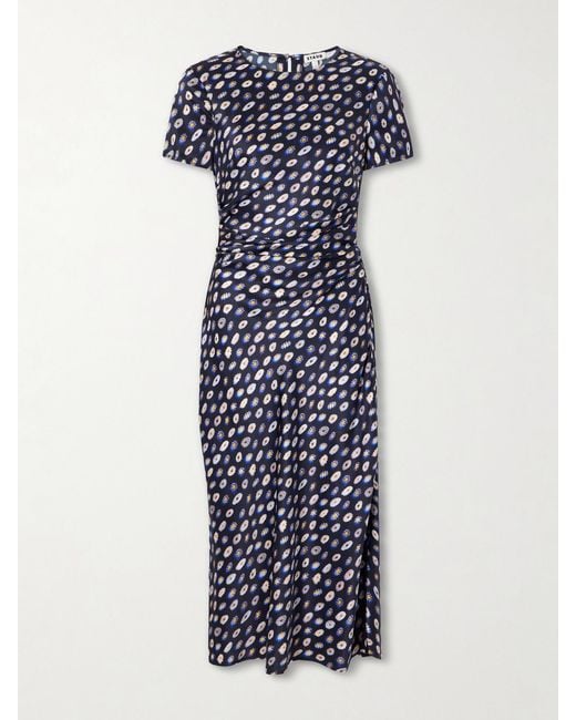 Staud Blue Marcel Printed Ruched Silk-Blend Satin Midi Dress