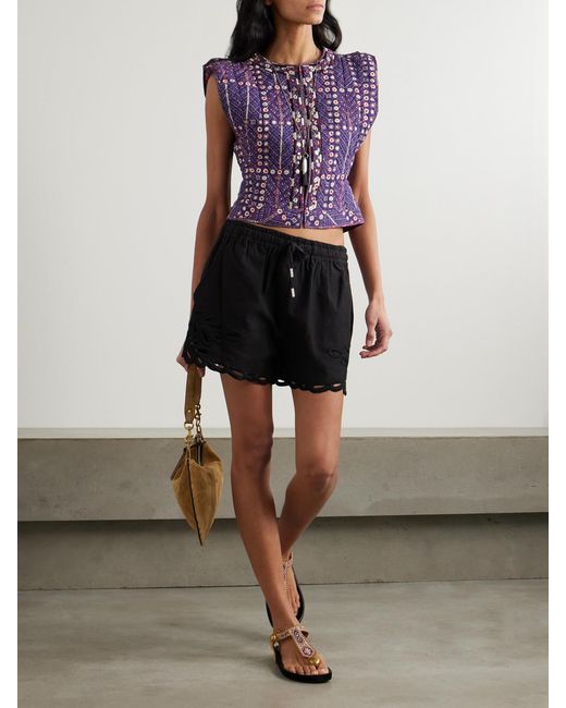 Isabel Marant Purple Cerza Quilted Embellished Printed Cotton Vest