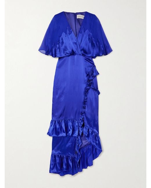 Saloni Blue Rose Ruffled Wrap-Effect Devoré Satin And Chiffon Maxi Dress
