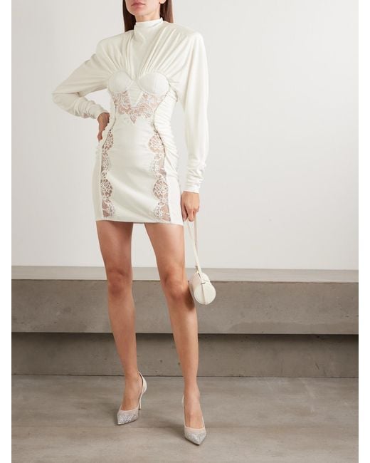 Stella McCartney White Lace-Trimmed Gathered Stretch-Crepe And Cady Mini Dress