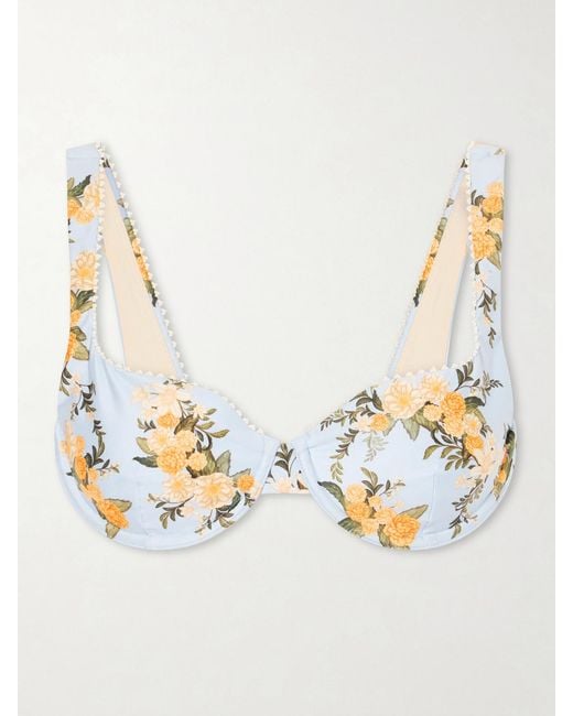 Agua Bendita Metallic Hacienda Valle Pearl-Embellished Floral-Print Bikini Top