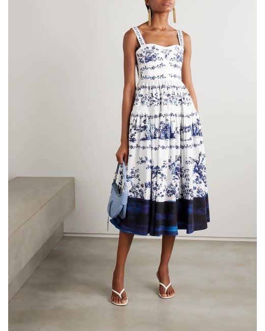 Erdem White Tiered Floral-Print Cotton-Poplin Midi Dress