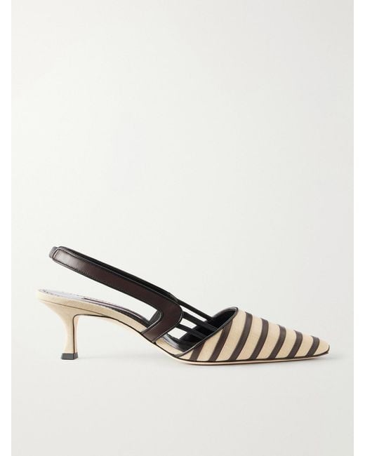 Manolo Blahnik Natural Pelas 50 Leather-Trimmed Canvas Slingback Pumps