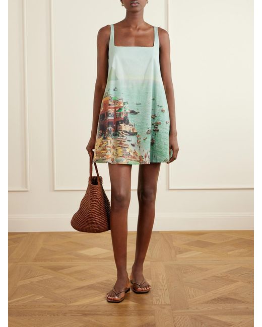 Staud Green Brio Printed Cotton-Blend Poplin Mini Dress
