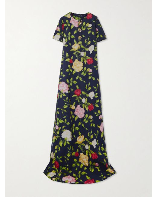 Oscar de la Renta Green Button-Embellished Floral-Print Cotton-Blend Poplin Gown