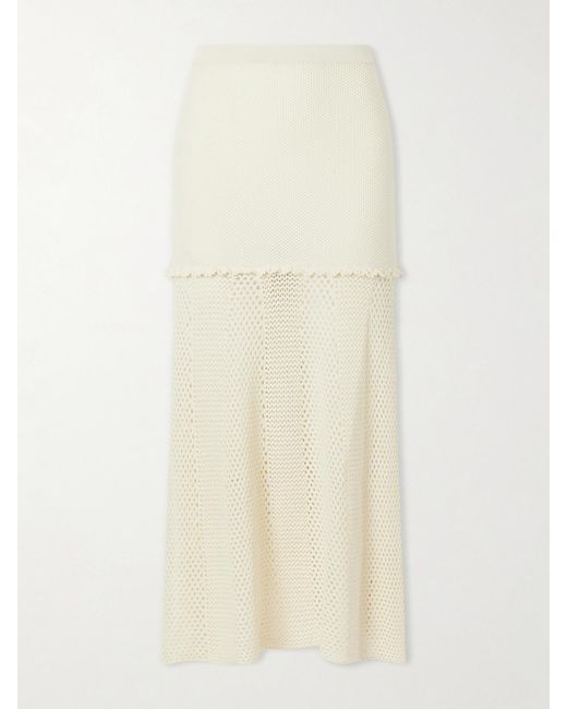 Escvdo White Mural Crocheted Cotton Midi Skirt