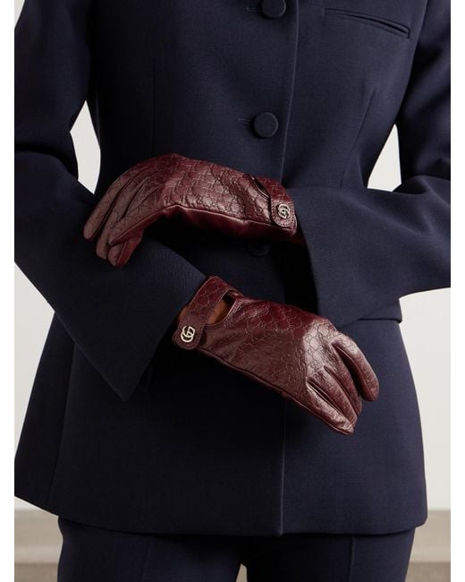 Gucci Purple Debossed Leather Gloves