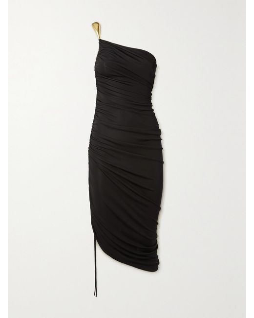 Bottega Veneta Black One-Shoulder Asymmetric Embellished Satin-Jersey Midi Dress