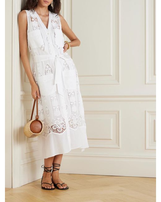 Miguelina White Alexia Midikleid Aus Besticktem Baumwoll-Voile Und Spitze Mit Bindegürtel