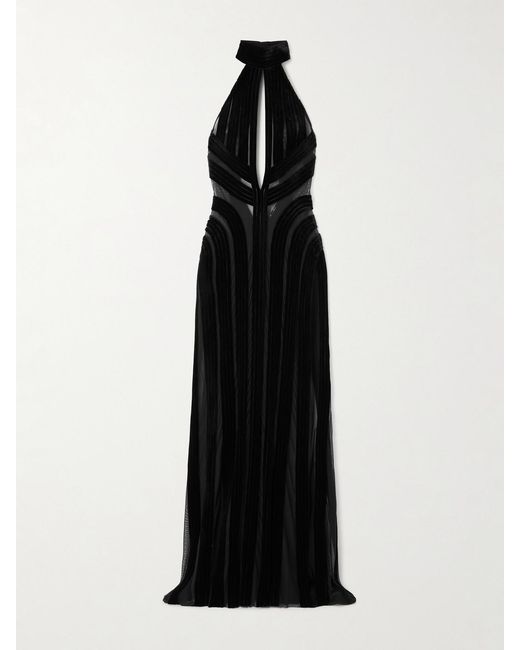 Tom Ford Black Cutout Tulle-Trimmed Velvet Halterneck Gown