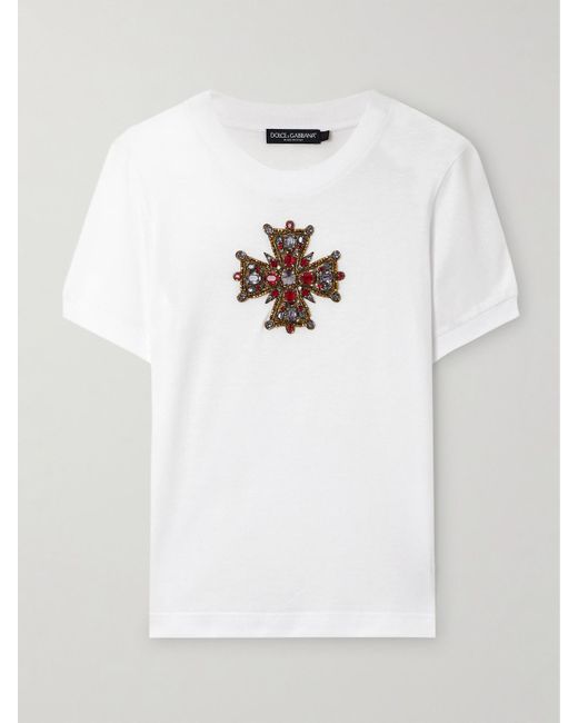 Dolce & Gabbana White T-Shirt Aus Baumwoll-Jersey Mit Verzierungen