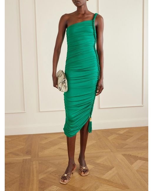 Jonathan Simkhai Green Alessia One-Shoulder Asymmetric Tasseled Ruched Stretch-Jersey Midi Dress