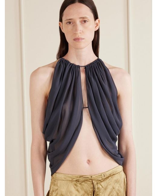 Aflalo Blue Reysa Gathered Silk-Crepe Top
