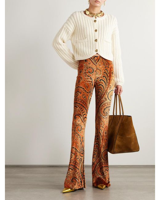 Etro Brown Paisley-Print Stretch-Velvet Flared Pants