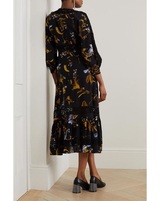 Erdem Black Lace-Trimmed Floral-Print Silk Crepe De Chine Midi Dress