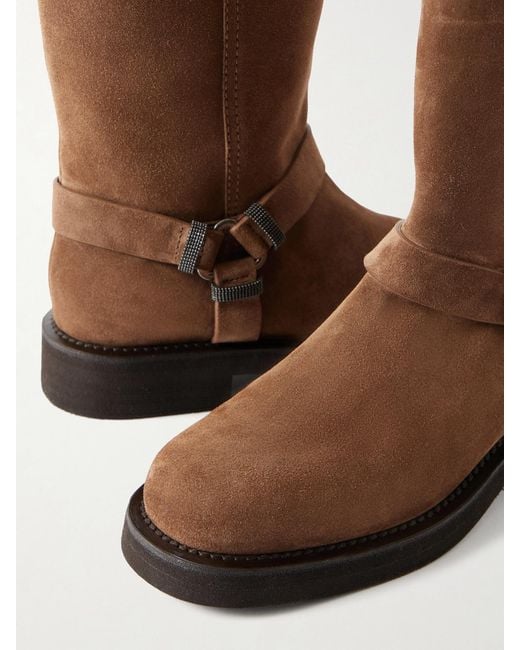 Brunello Cucinelli Brown Bead-Embellished Suede Biker Boots