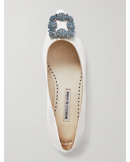 Manolo Blahnik Natural Hangisiflat Crystal-Embellished Satin Point-Toe Flats