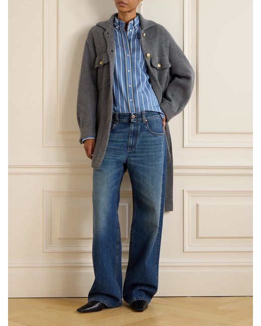 Brunello Cucinelli Blue Bead-Embellished Striped Cotton And Silk-Blend Poplin Shirt