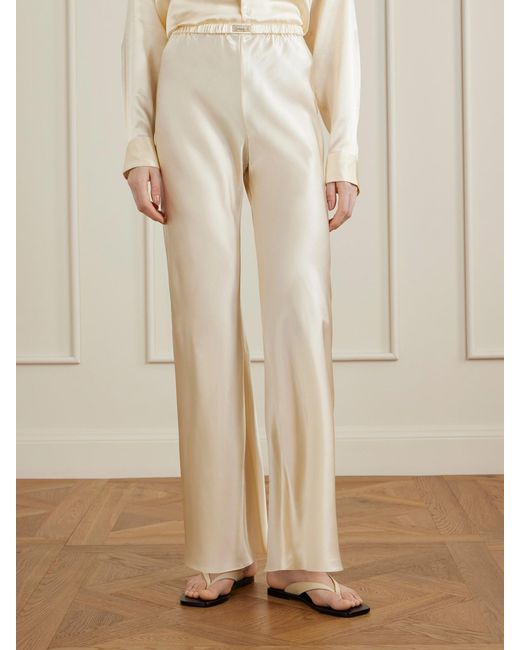 Comme Si Natural Bias Appliquéd-Silk Straight-Leg Pants