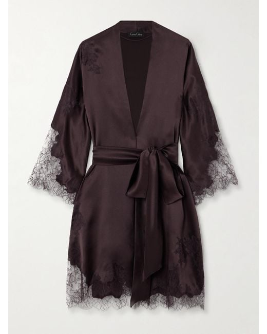 Carine Gilson Brown Belted Lace-Trimmed Silk-Satin Kimono