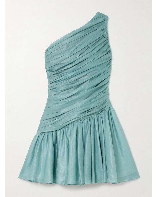 Abadia Blue Lulu One-Shoulder Gathered Voile Mini Dress
