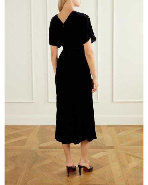 Victoria Beckham Black Bela Gathered Velvet Midi Dress