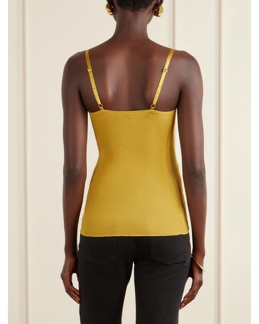 Saint Laurent Yellow Lace-Trimmed Ribbed Silk-Jersey Tank