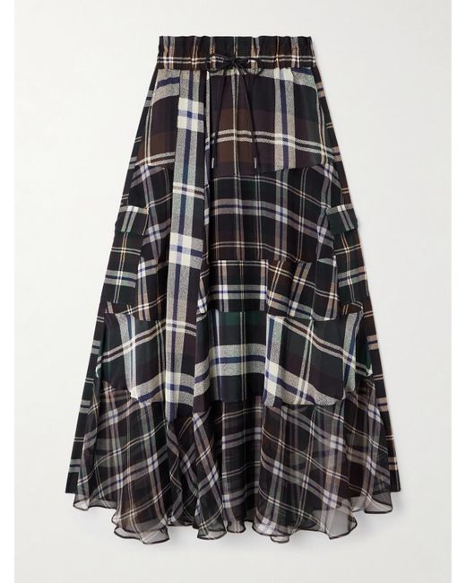 Sacai Black Patchwork Checked Chiffon Maxi Skirt
