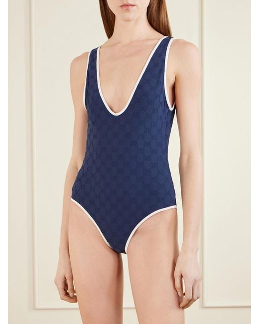 Gucci Blue Piped Terry-Jacquard Swimsuit