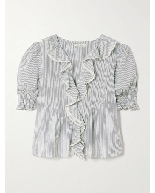 Doen Gray Henri Lace-Trimmed Ruffled Pintucked Striped Organic Cotton-Voile Top