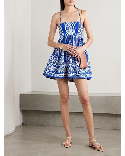 Cara Cara Blue Leo Pleated Printed Cotton-Poplin Mini Dress